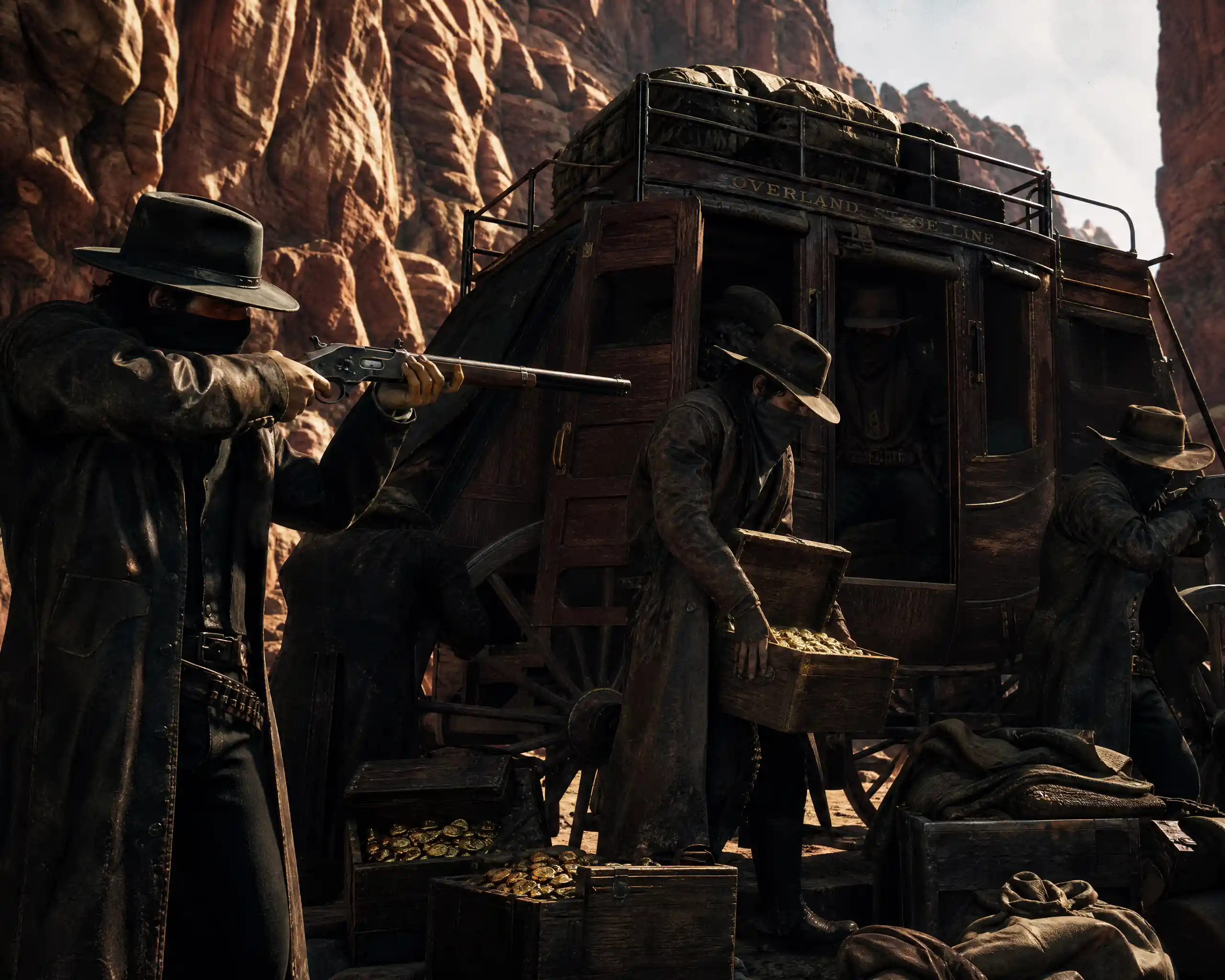 Outlaws rob a stagecoach in a rocky canyon