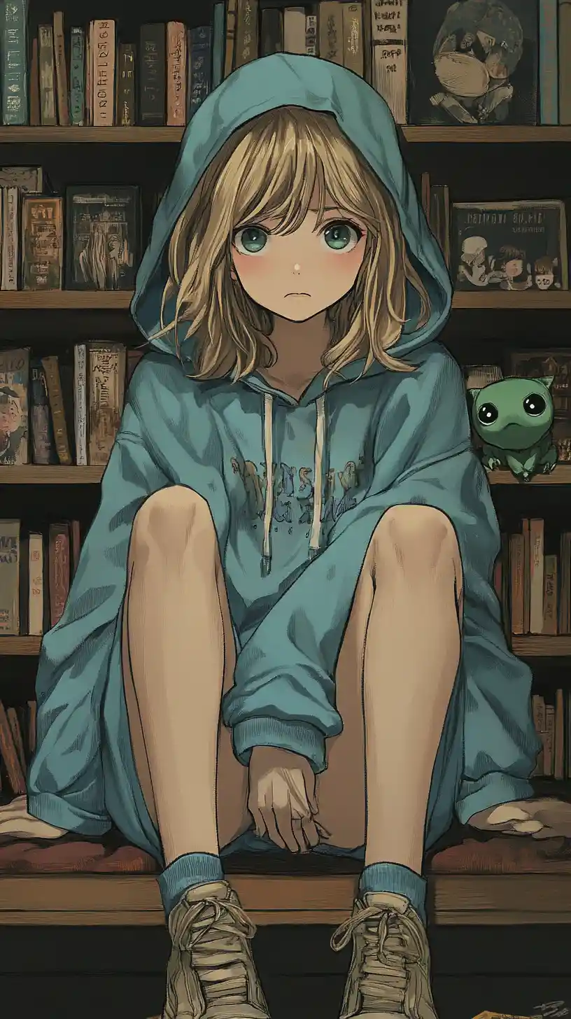 Anime girl sitting in a quiet library with bookshelves