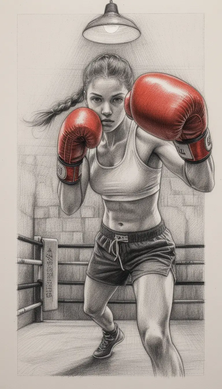 Intense female boxer in low angle guard on the ring