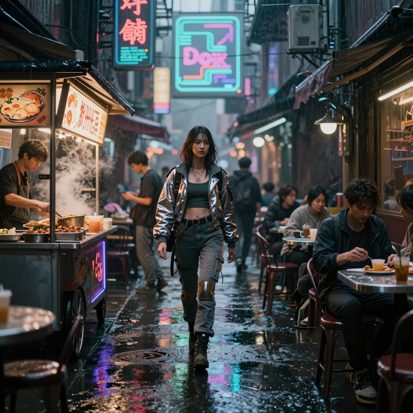 Caffè in vicolo cyberpunk che brilla al neon nella pioggia di mezzanotte