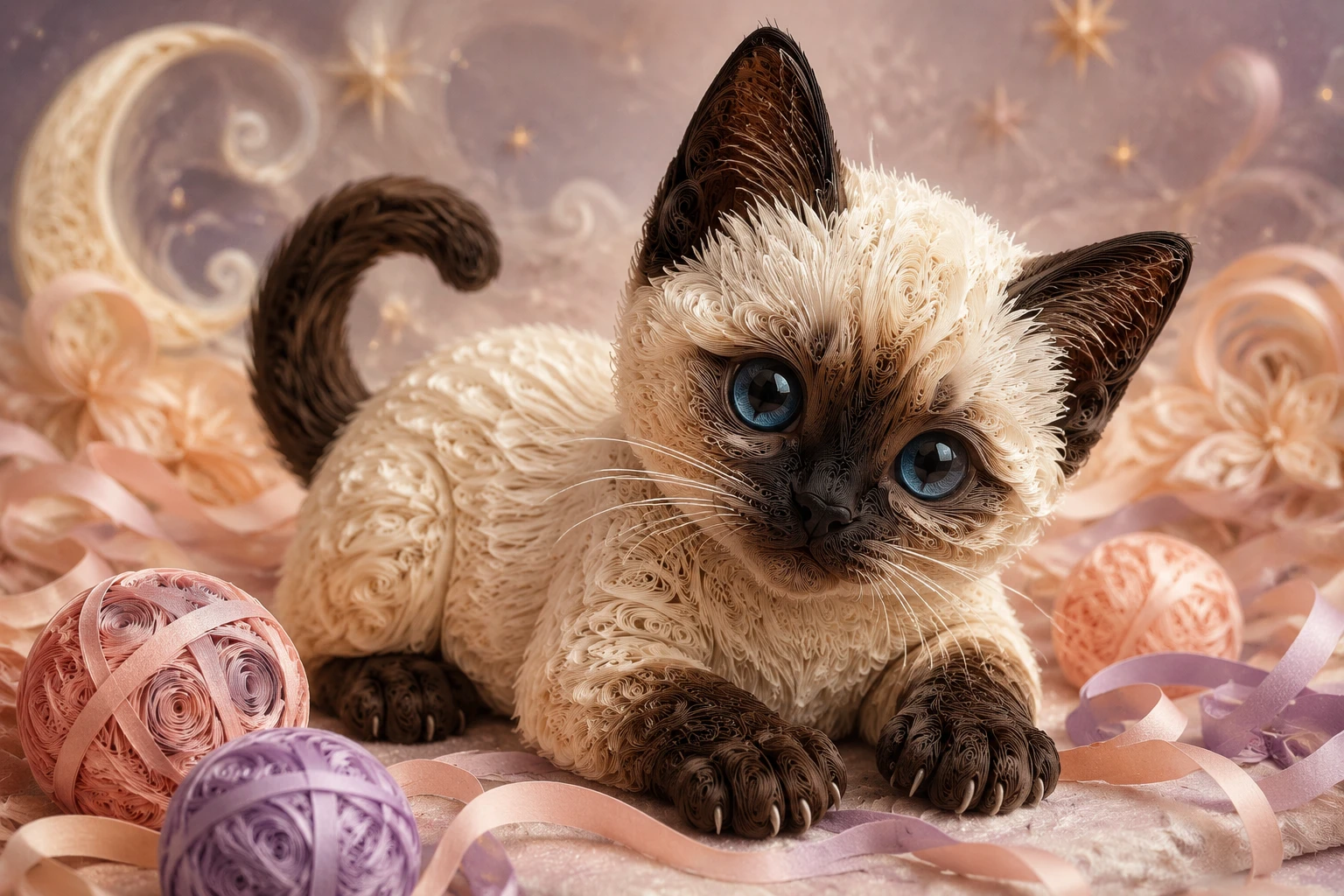 Quilled papercraft siamese kitten on soft pastel background