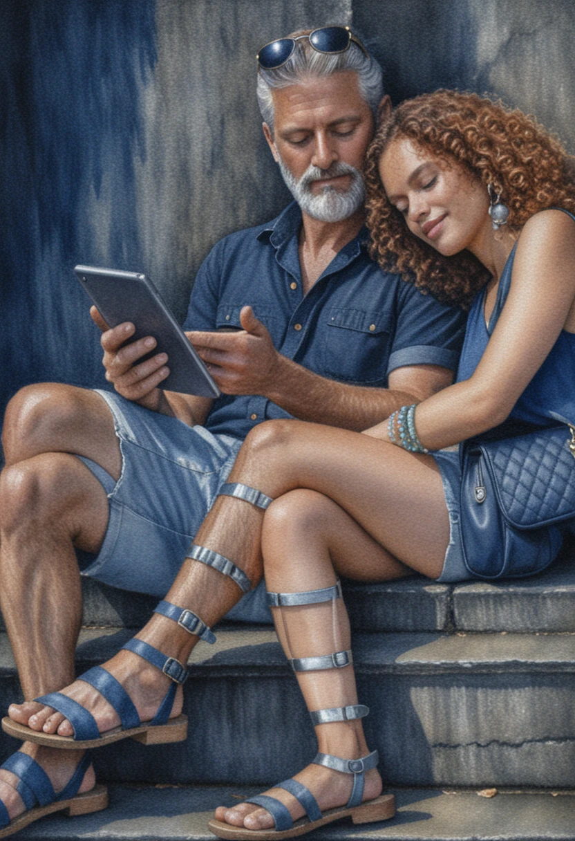 Tender couple on stone steps in colored pencil drawing