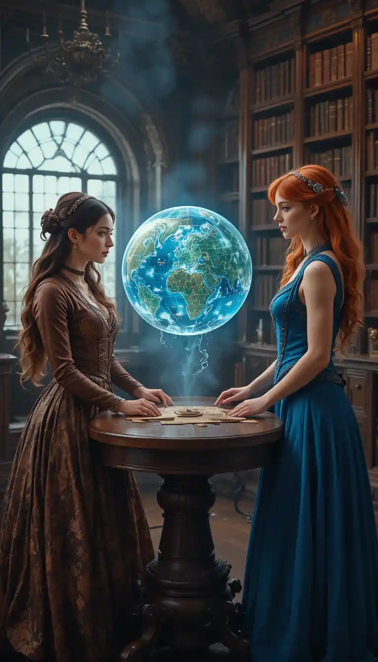 Two steampunk women studying a glowing holographic map