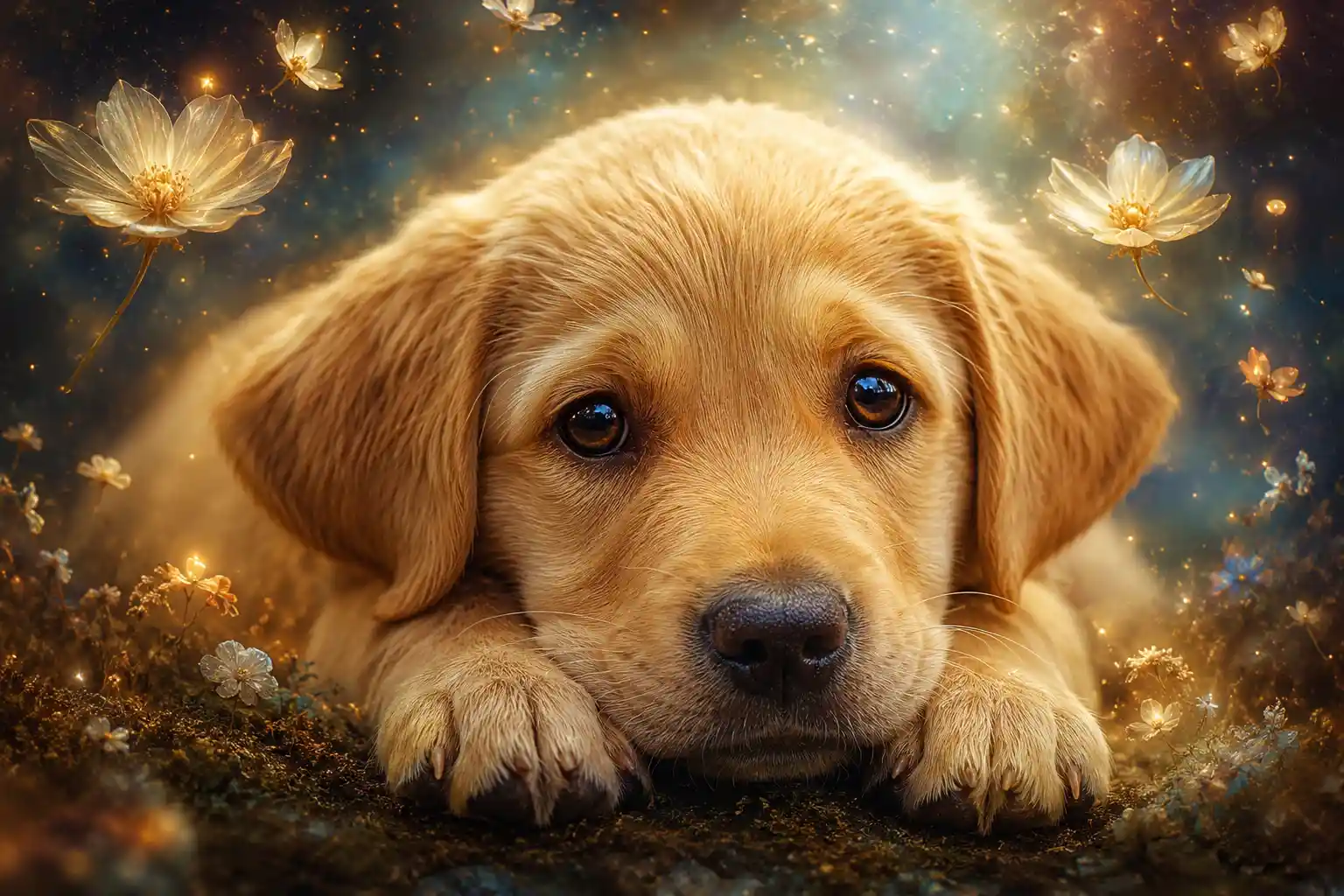 Close up magical realism portrait of a resting labrador puppy