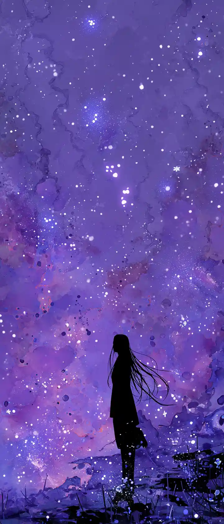 Anime girl under glowing star filled alcohol ink sky