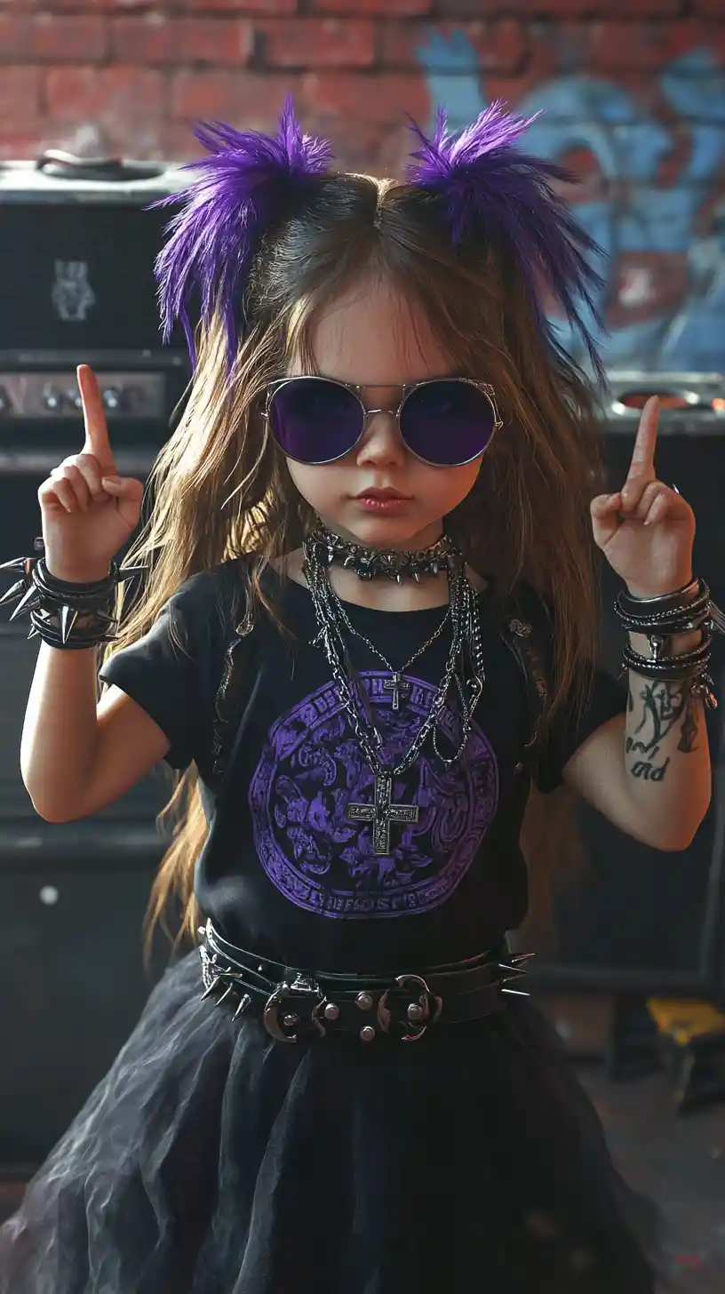 Rebellious young girl in rock outfit with purple wings