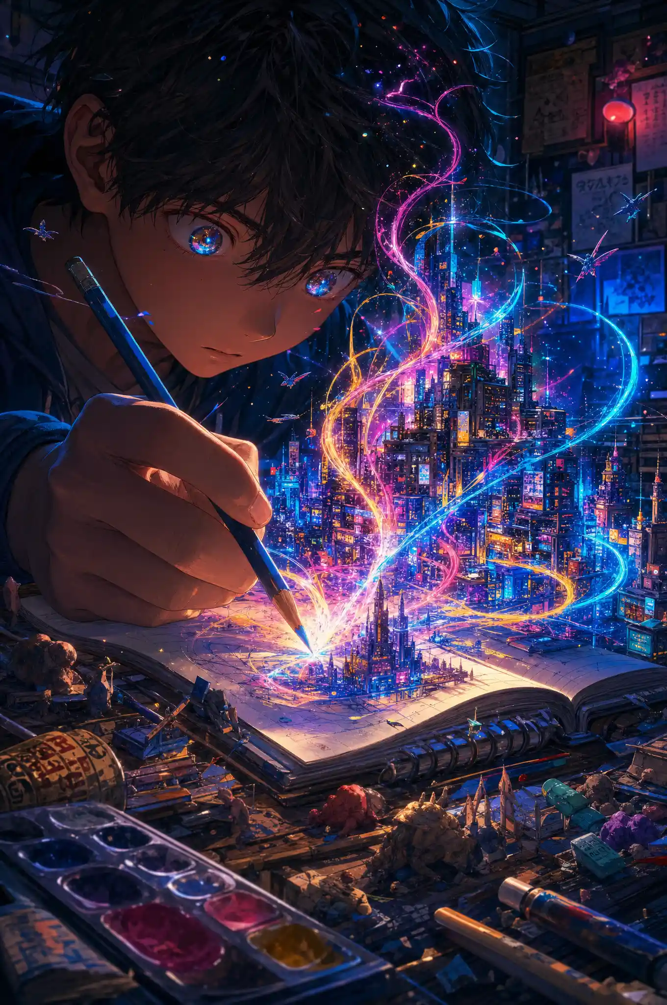 Anime boy drawing a glowing city that rises from his notebook