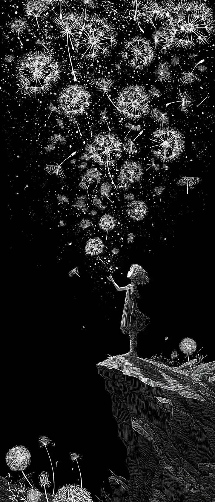 Anime girl on black cliff blowing glowing dandelion doors