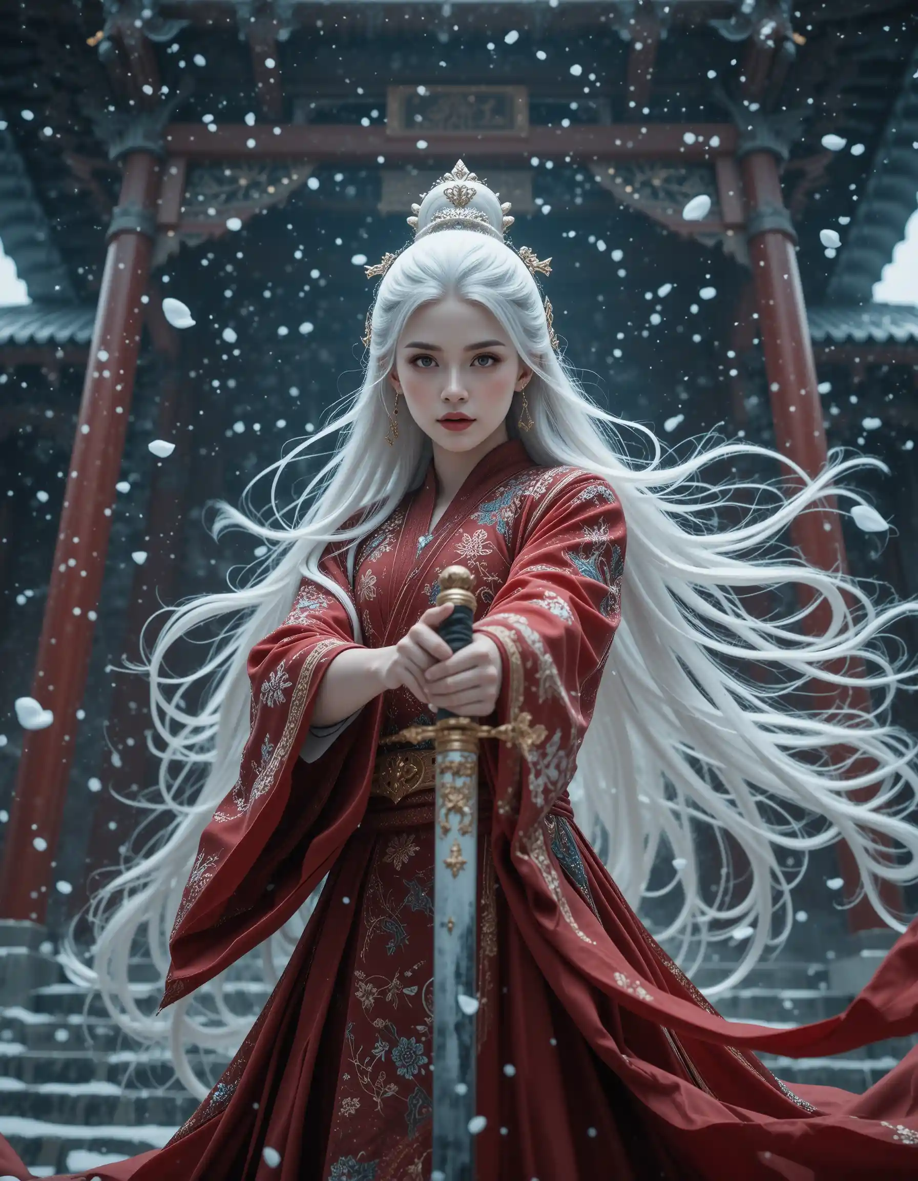 Silver haired asian woman warrior before a snowy temple