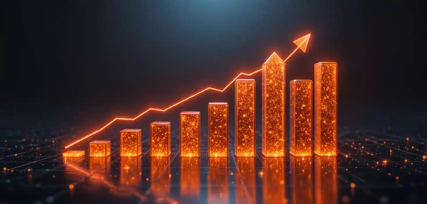 3D orange arrow bar chart with rising red trend line