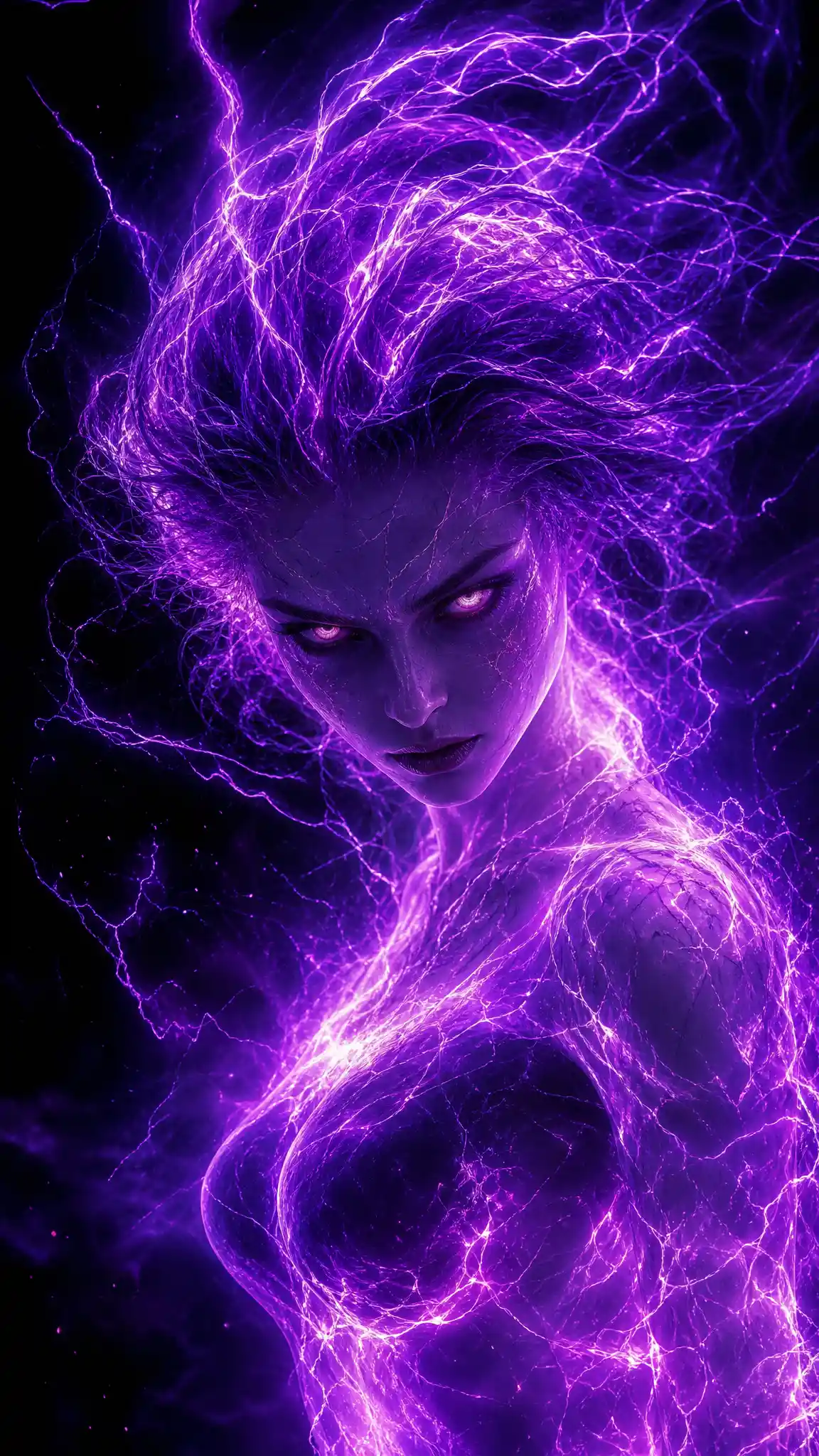 Ethereal purple lightning woman with glowing magenta eyes