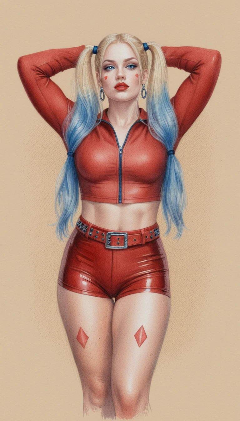 Curvy blonde woman in red latex outfit posing confidently