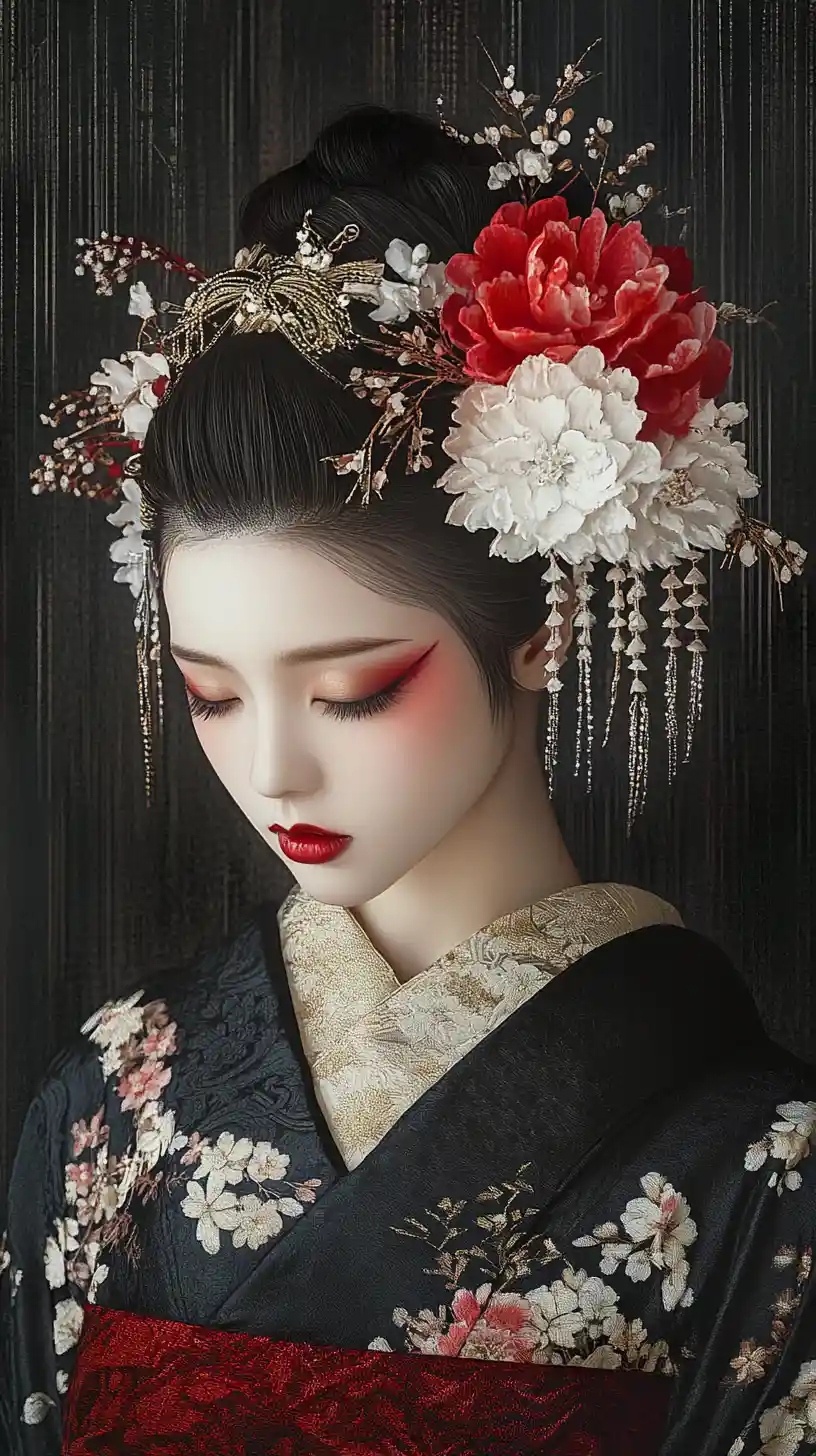 Japanese woman in kimono with floral hairpins and red makeup