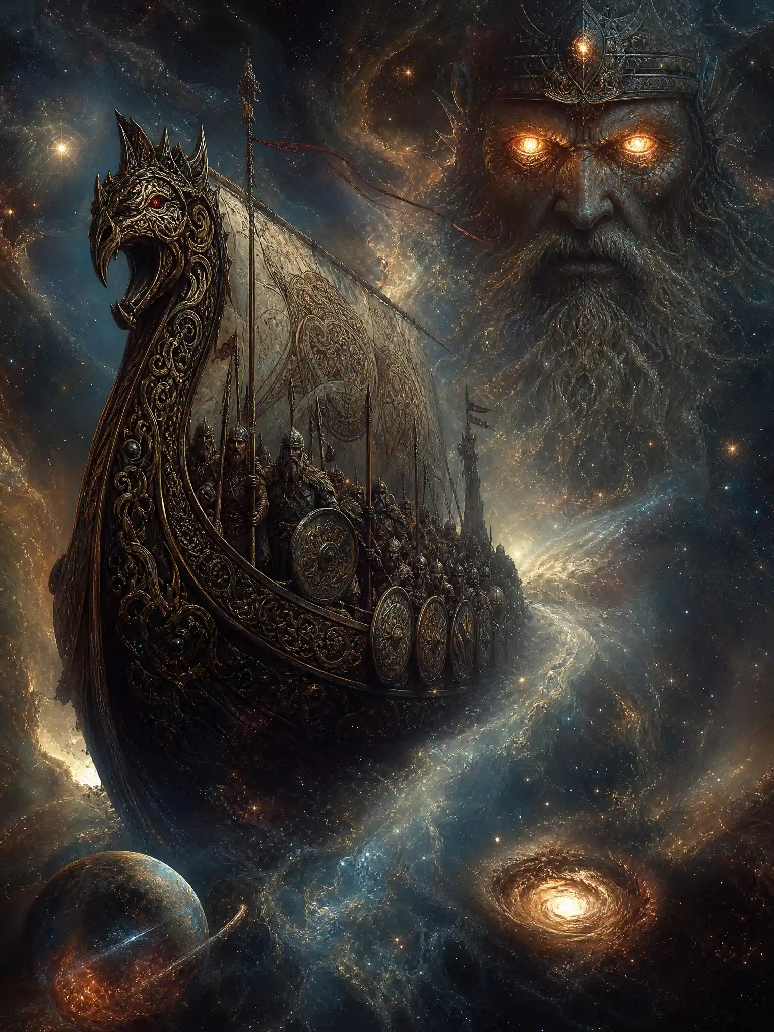Viking longship sailing through a glowing cosmic nebula
