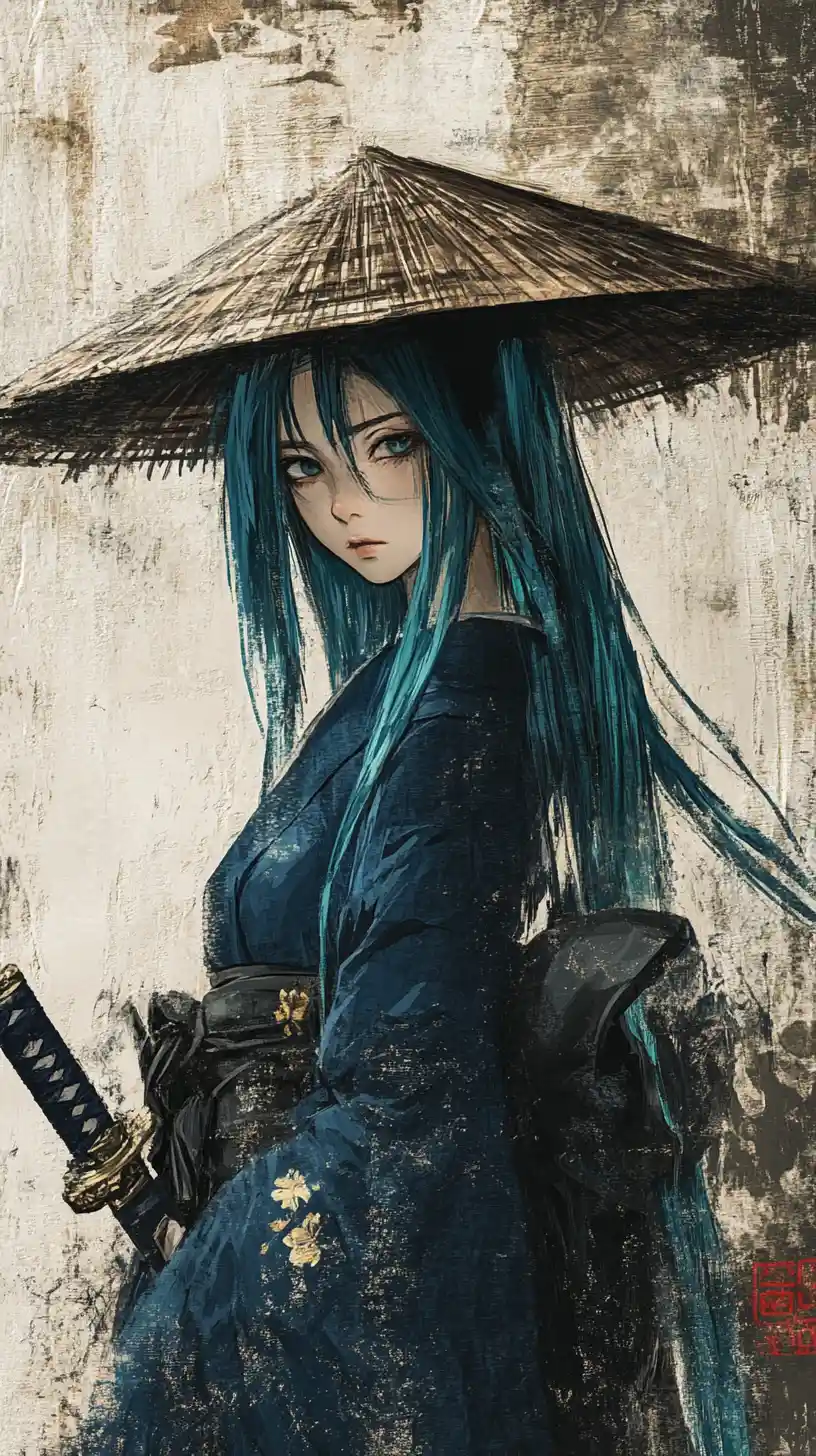 Turquoise haired warrior woman in shadowed straw hat