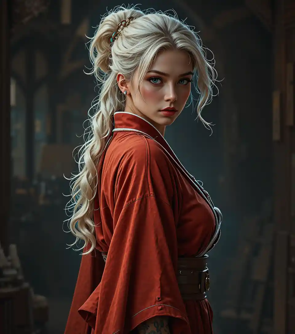 Intense blonde woman in red kimono turning over her shoulder