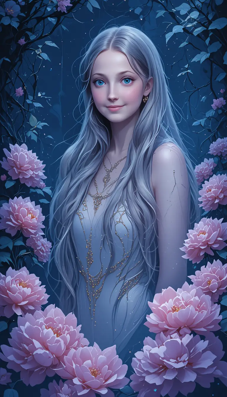 Silver haired goddess in flowers within an enchanted forest