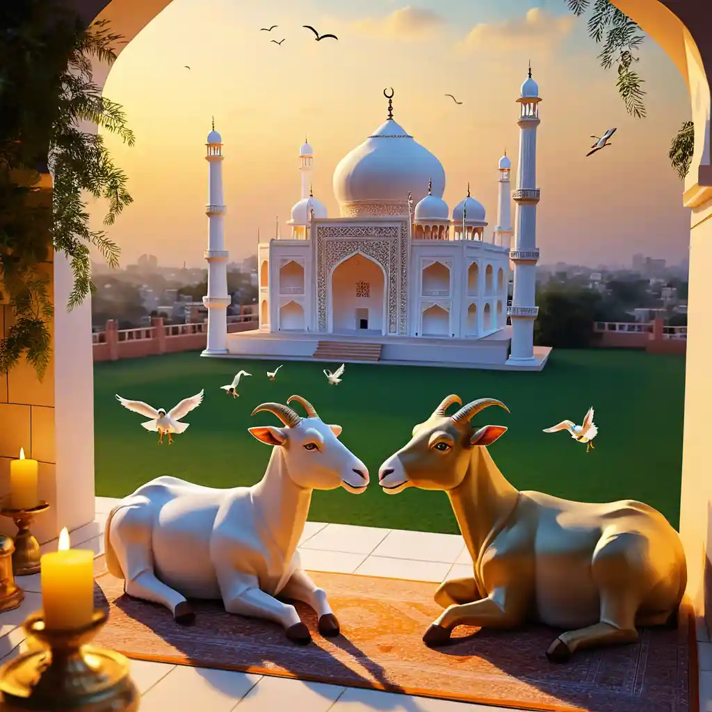 Children with farm animals in a bright Eid street