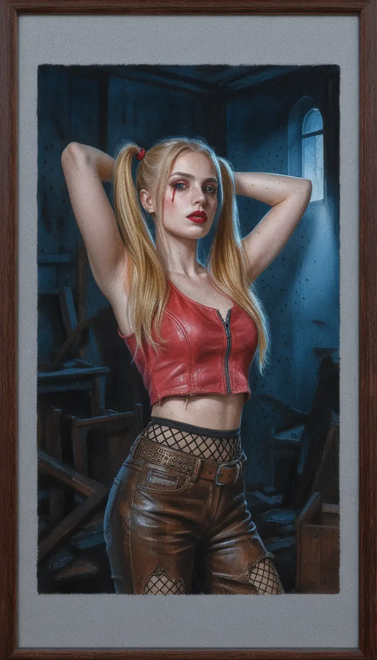 Blonde woman in leather outfit in abandoned moonlit room