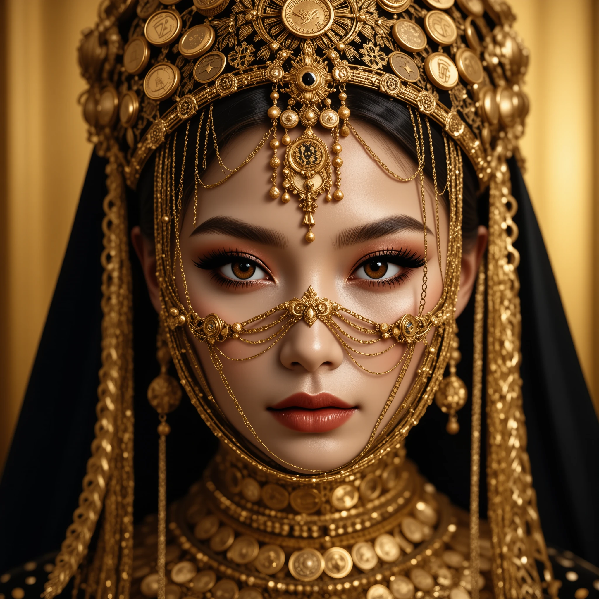 Mysterious woman in gold face veil with dramatic eye makeup
