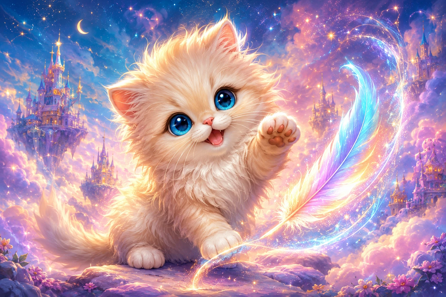 Playful cartoon kitten batting at a glowing magic feather