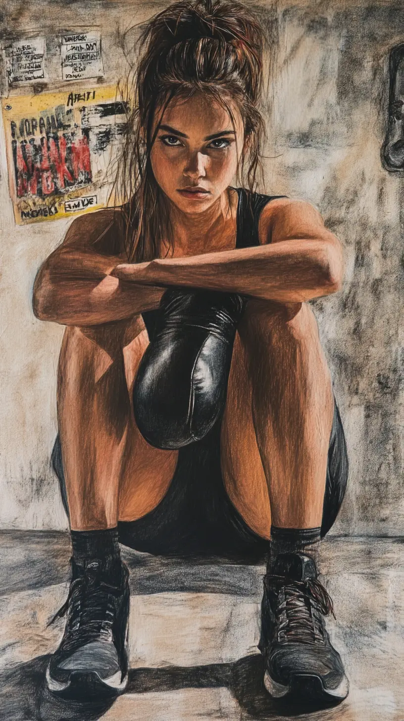 Exhausted female boxer resting on concrete gym floor