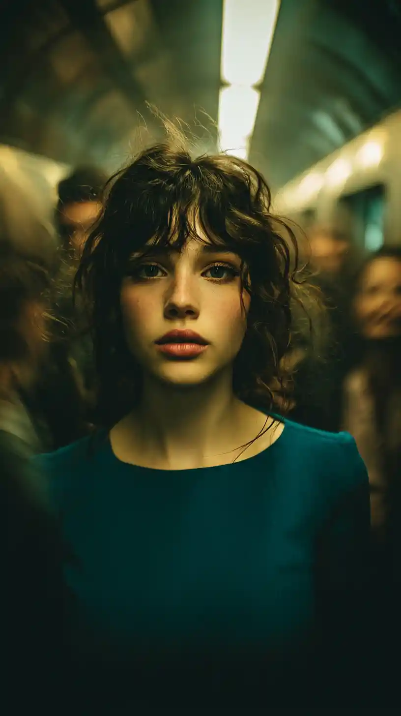 Young woman in teal dress alone in crowded subway