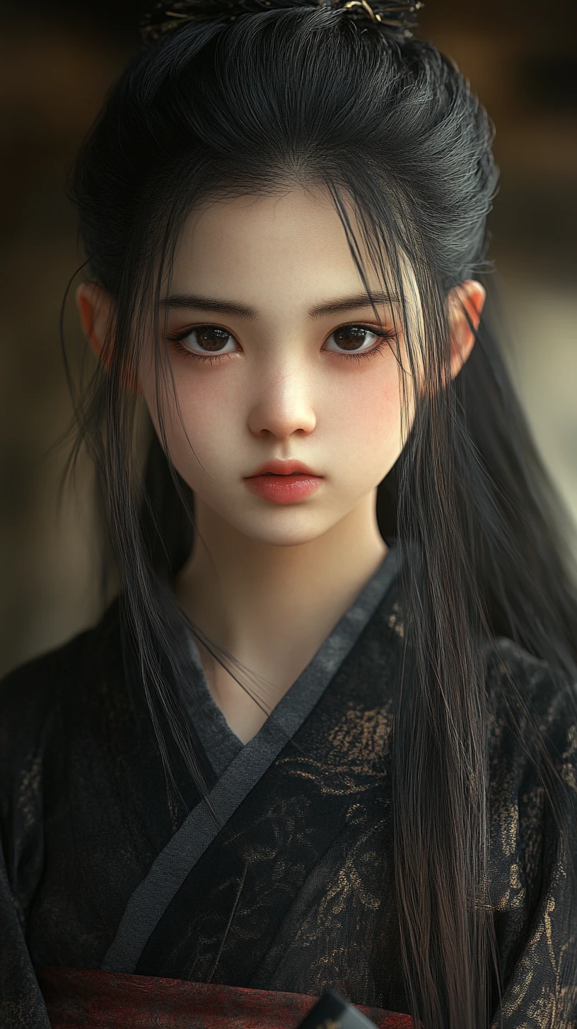 Stoic young girl with katana in misty temple courtyard