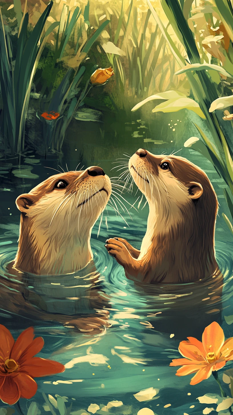 Two playful otters swimming together in a tranquil pond