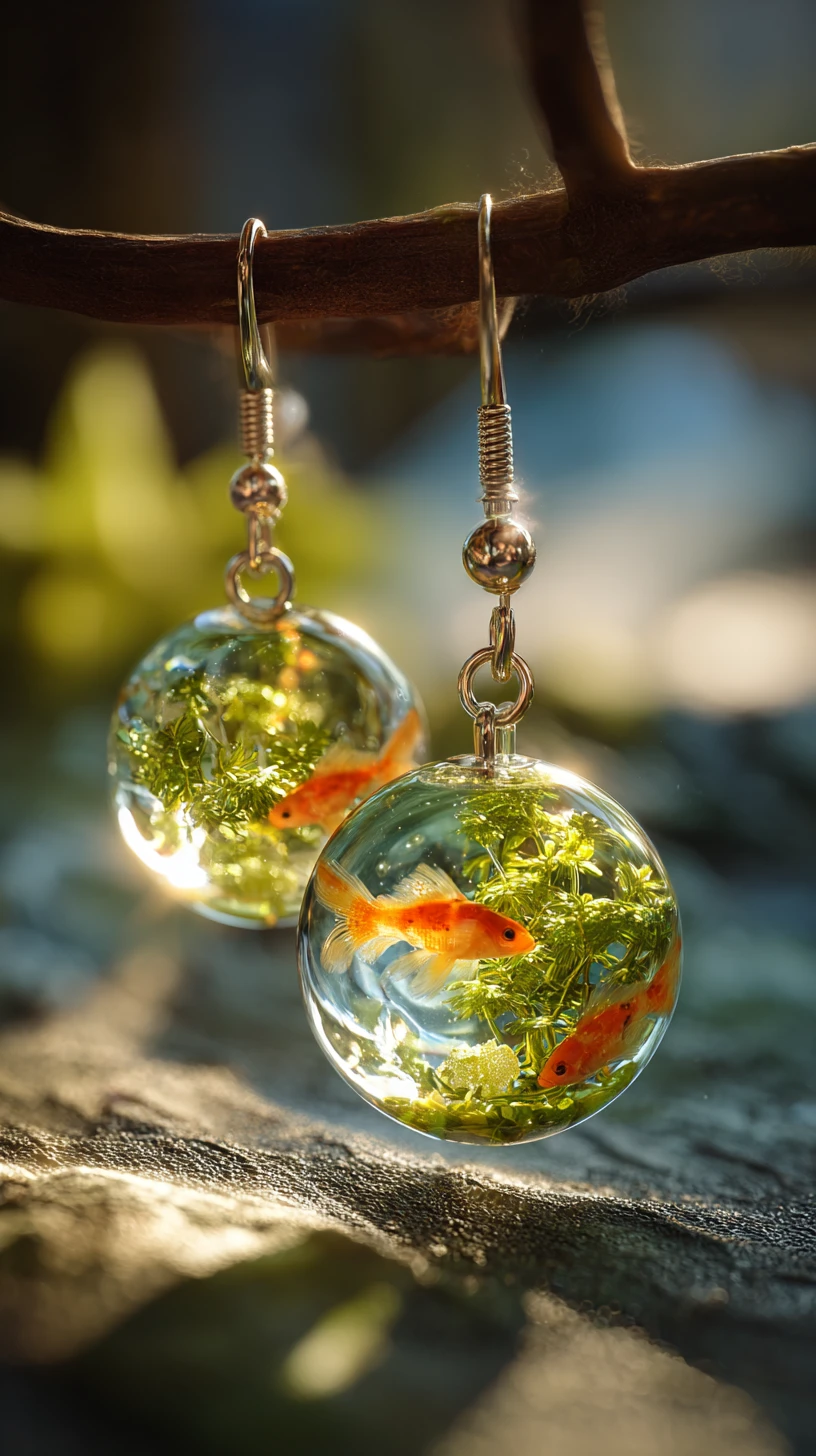 Macro resin earrings with tiny koi fish on a table branch