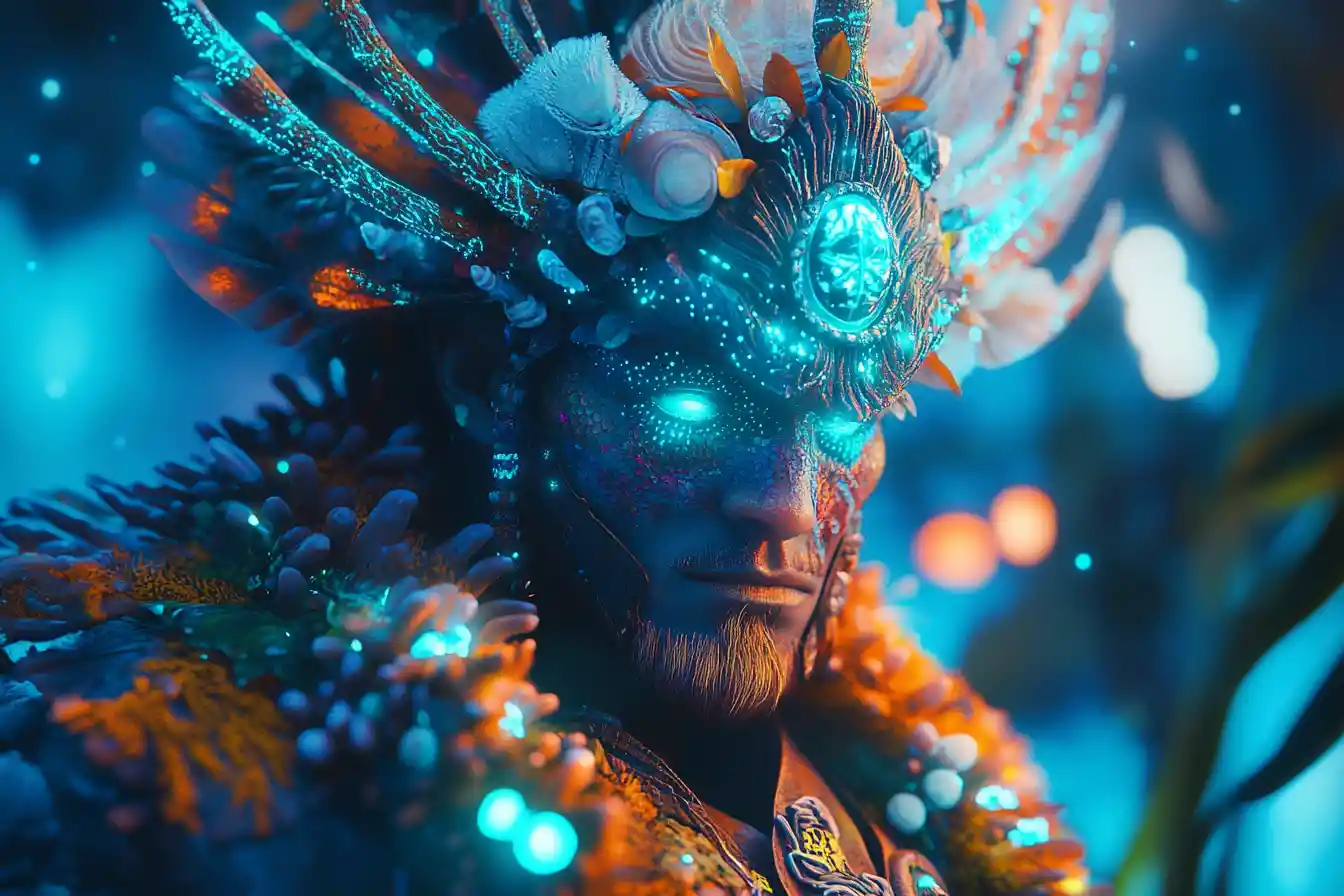 Neon coral armored ocean guardian in a crystal seascape