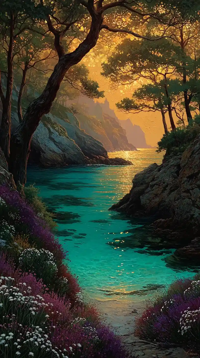 Sunlit coastal wildflower cliffs at golden hour