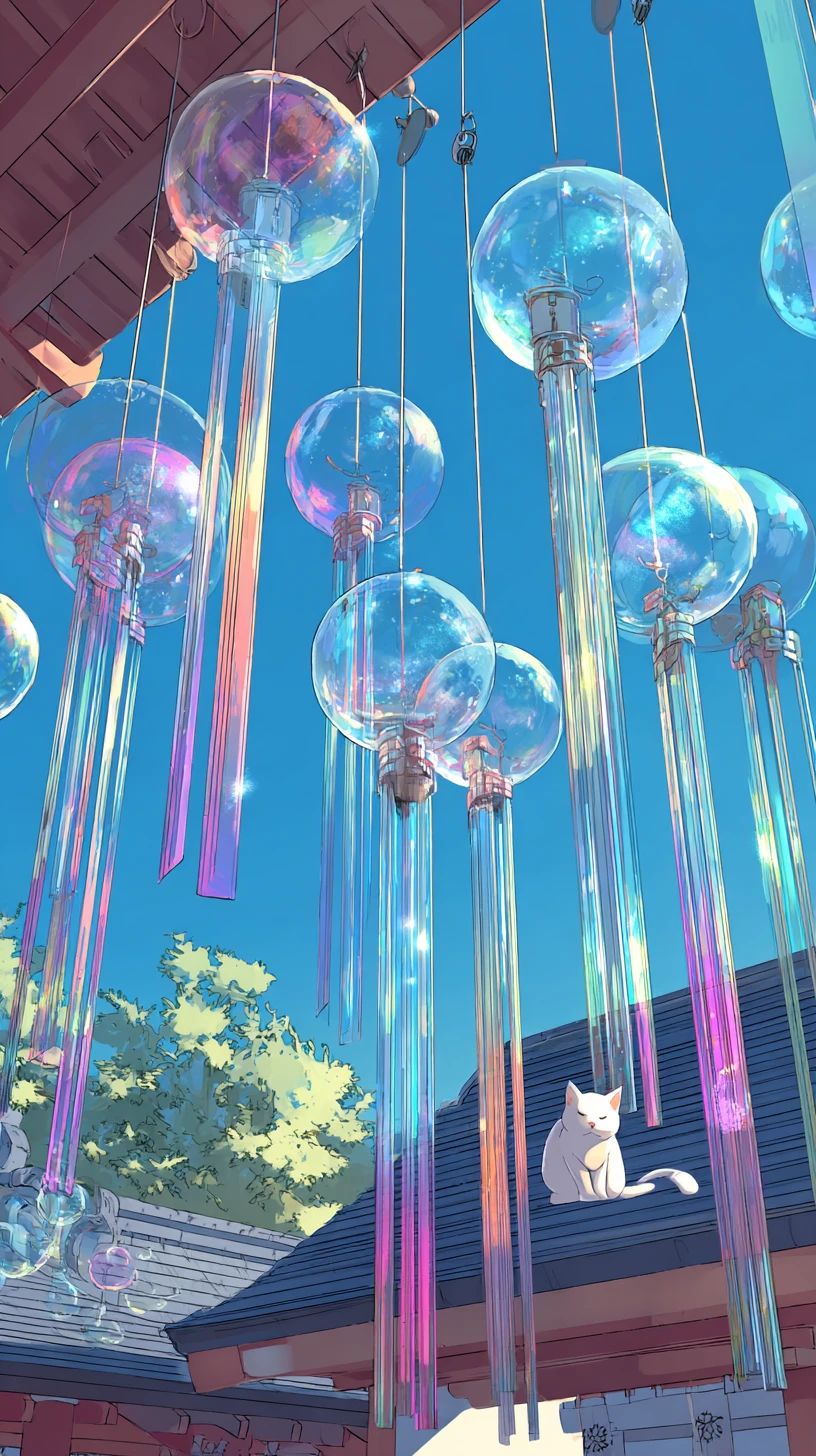 Gato de santuario de anime bajo campanillas de verano brillantes
