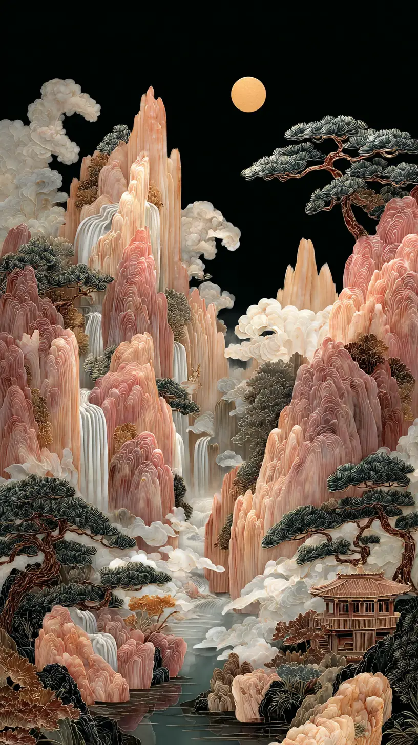 Mother of pearl mountain landscape with moonlit waterfalls