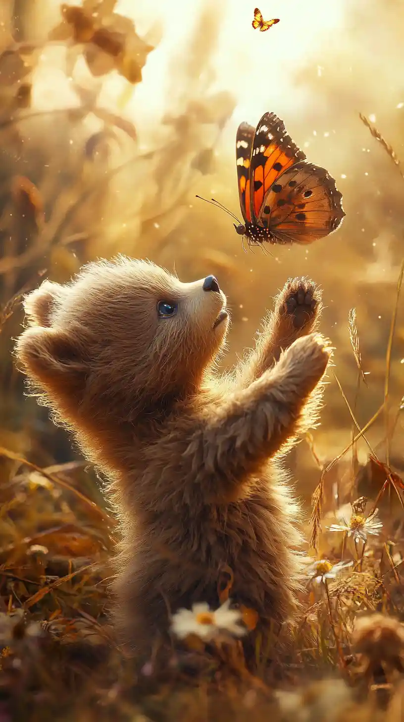 Baby bear reaching toward a bright orange butterfly