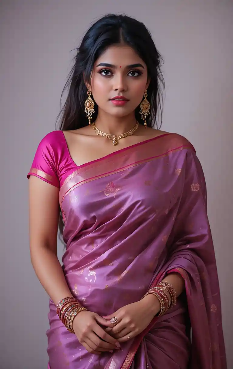 Tamil woman in modern saree with bare midriff pose
