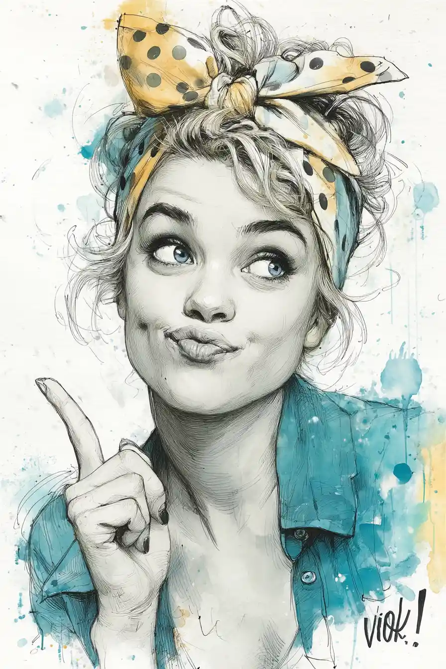 Cheerful girl portrait in delicate line and watercolor