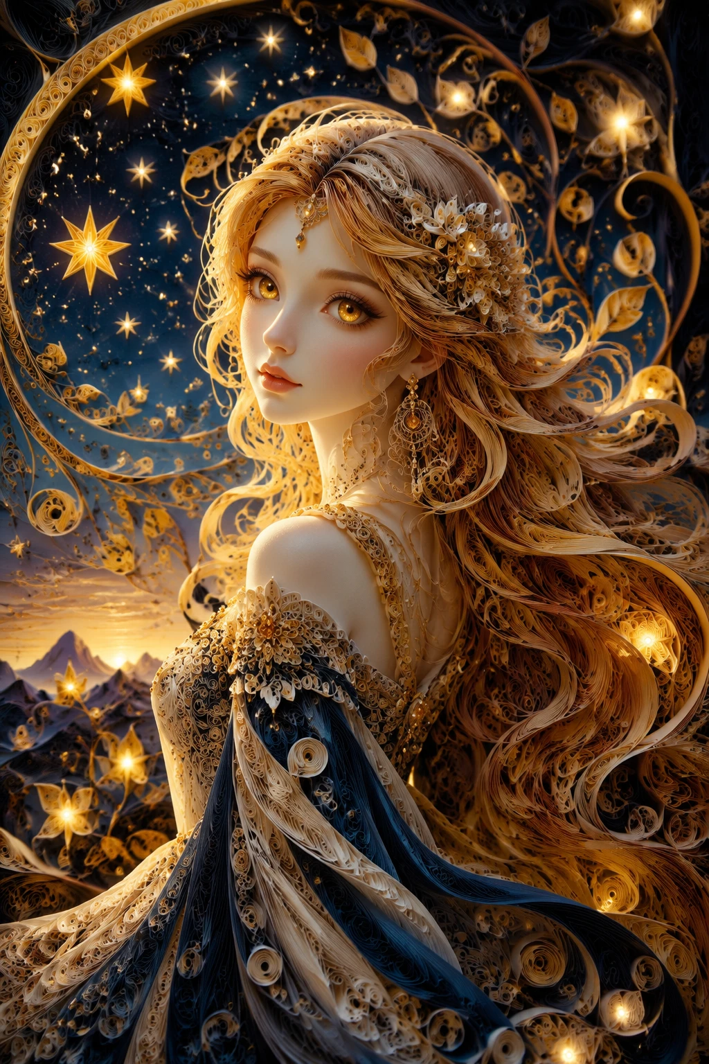 Quilled paper portrait of a luminous woman at twilight