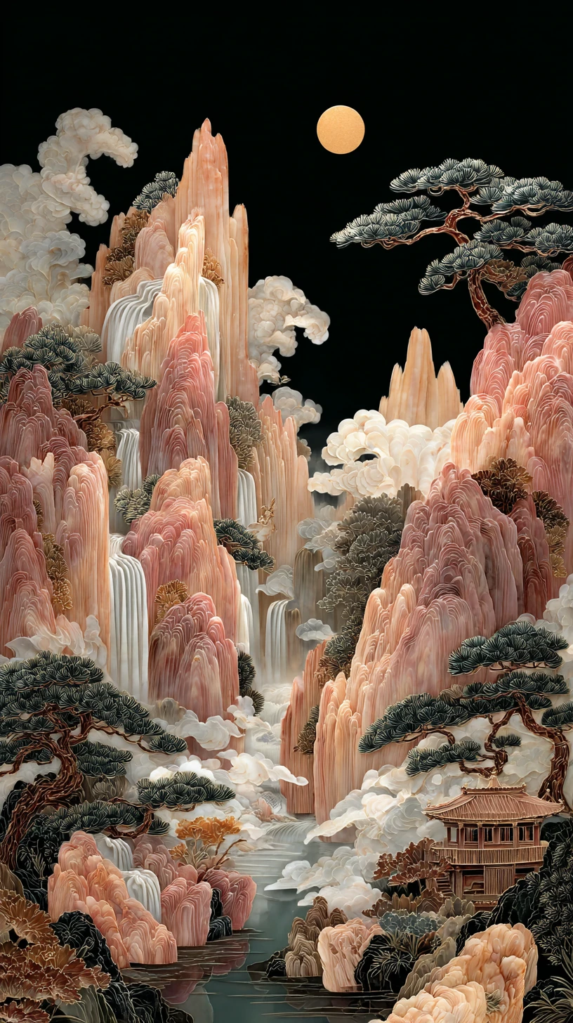 Paisaje de montaña de nácar con cascadas a la luz de la luna