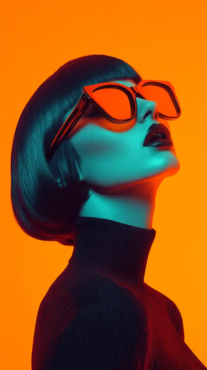 Stylized woman in cat eye sunglasses on orange background