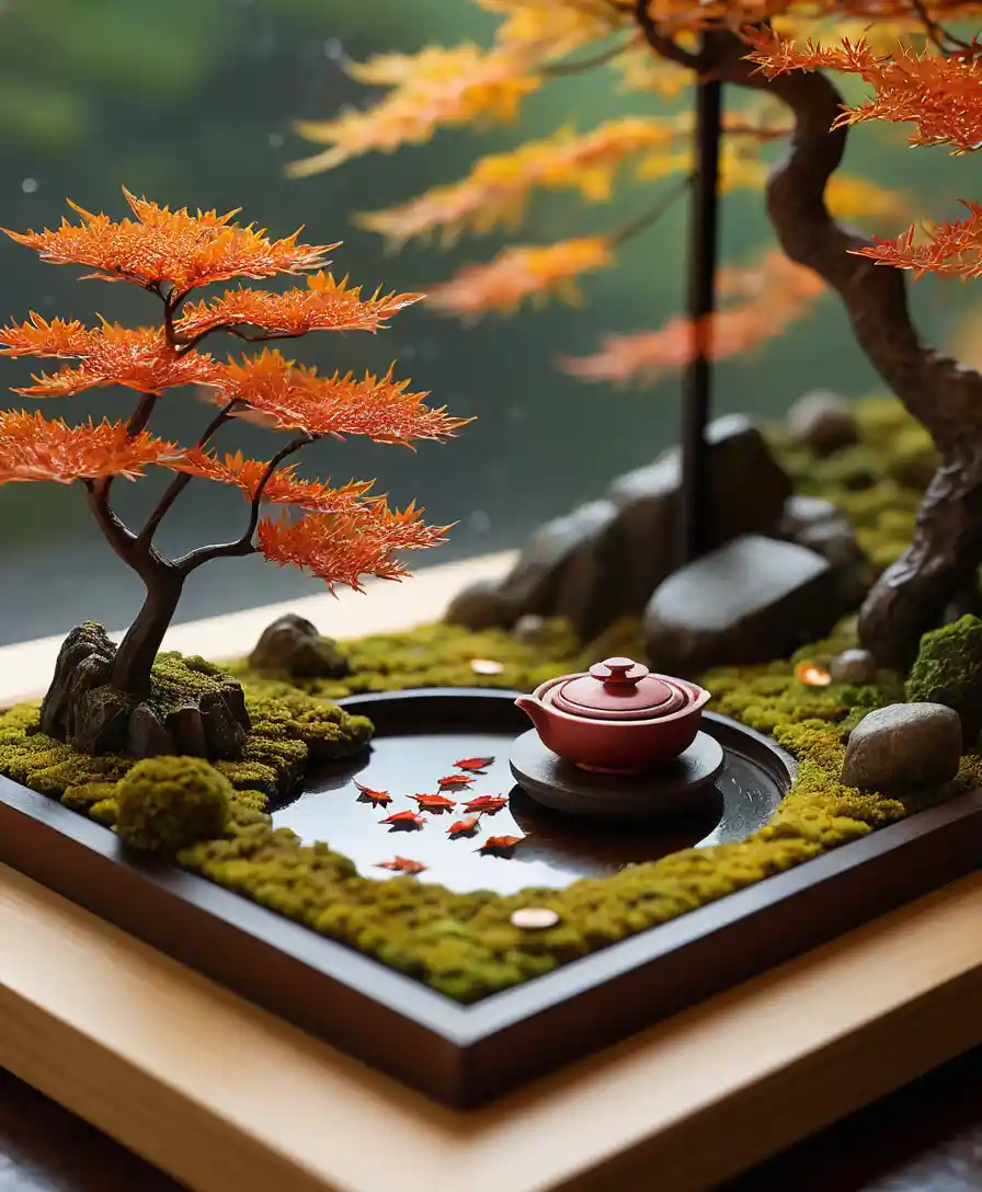Miniatur-Teehaus im japanischen Herbstgarten-Diorama