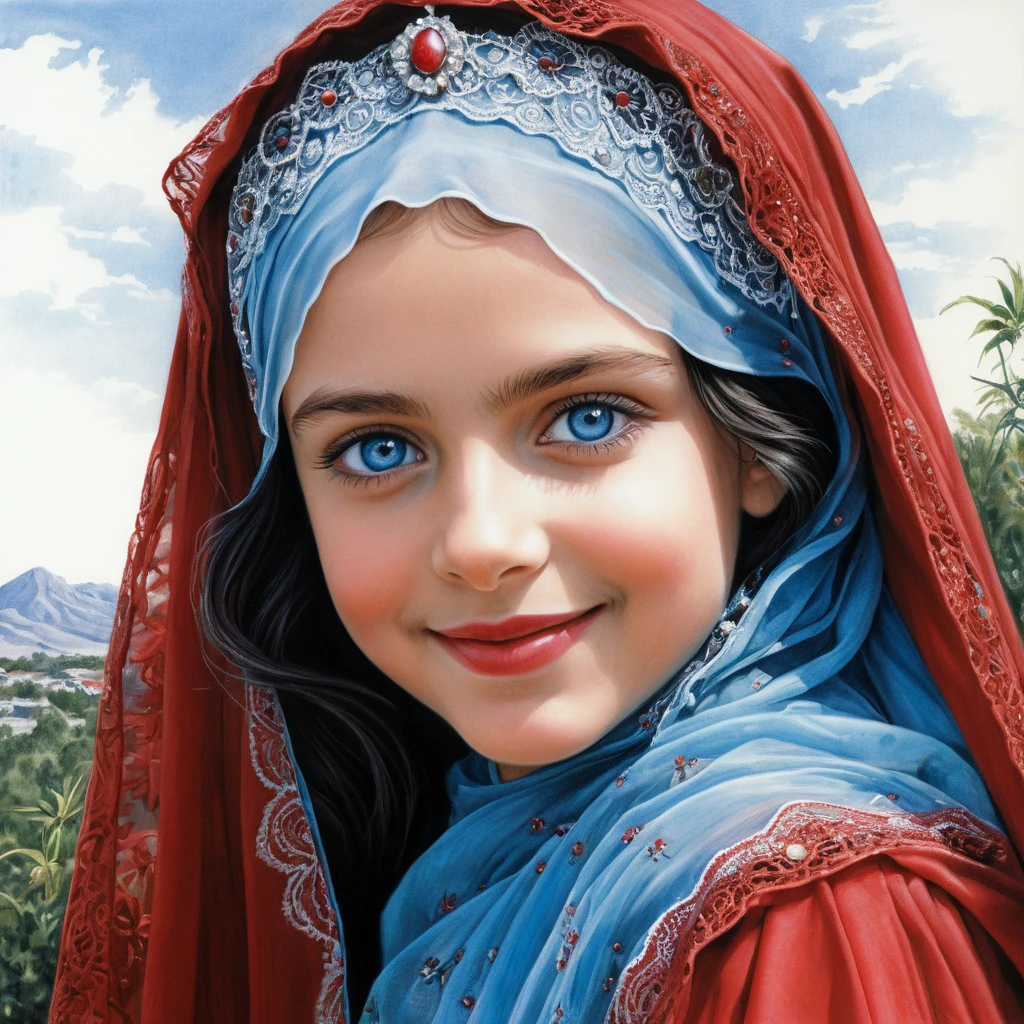 Smiling girl in red burqa with blue eyes portrait