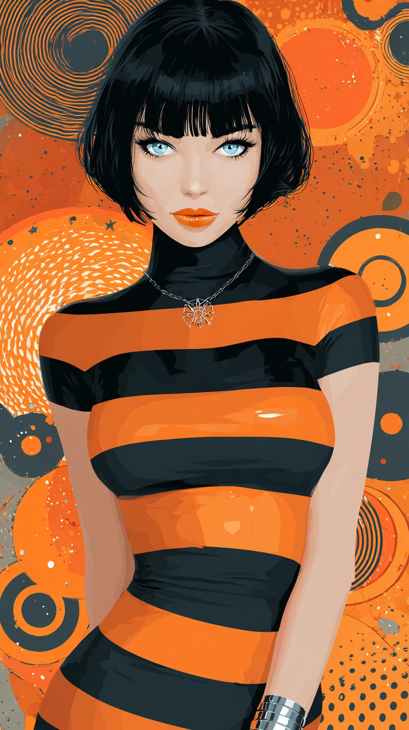 Stylish woman in striped top against abstract orange backdrop