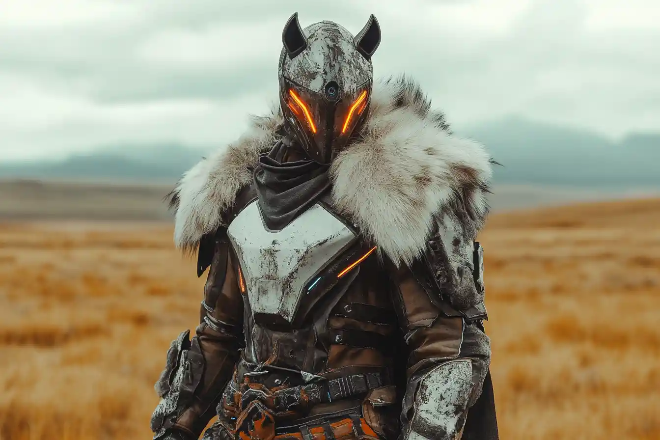 Cyber steppe warrior in fur armor on vast grassland