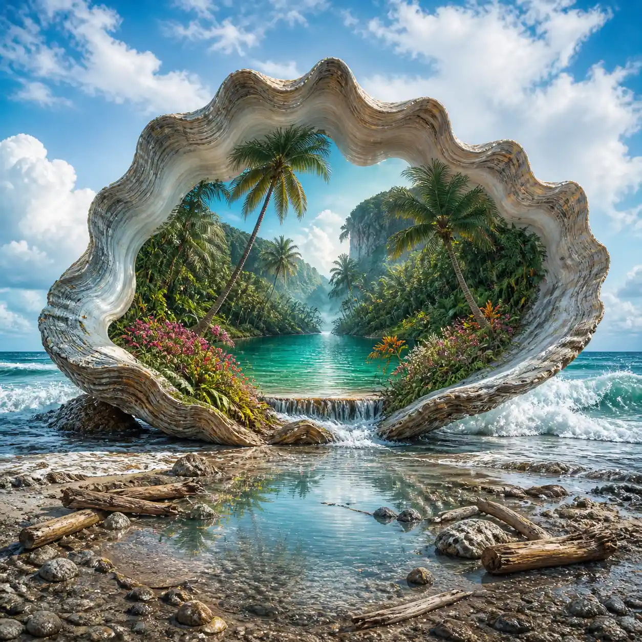 Paisaje marino surrealista con interior de selva en concha de ostra gigante