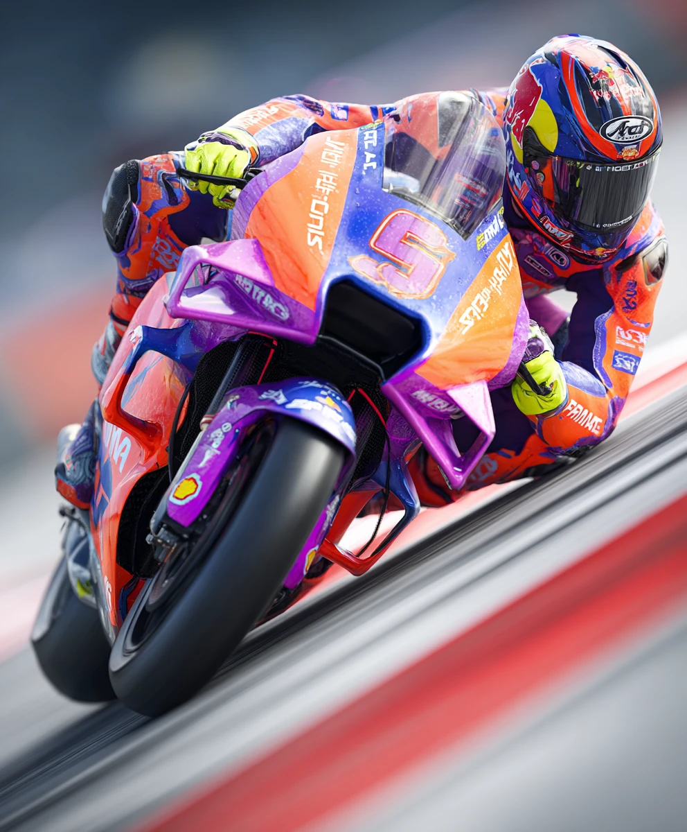 MotoGP rider leaning hard through a wet racetrack corner