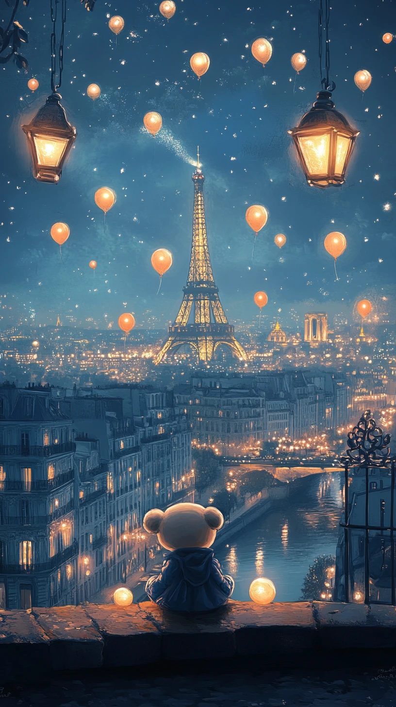Niedlicher Teddybär mit leuchtenden Luftballons über der Pariser Skyline