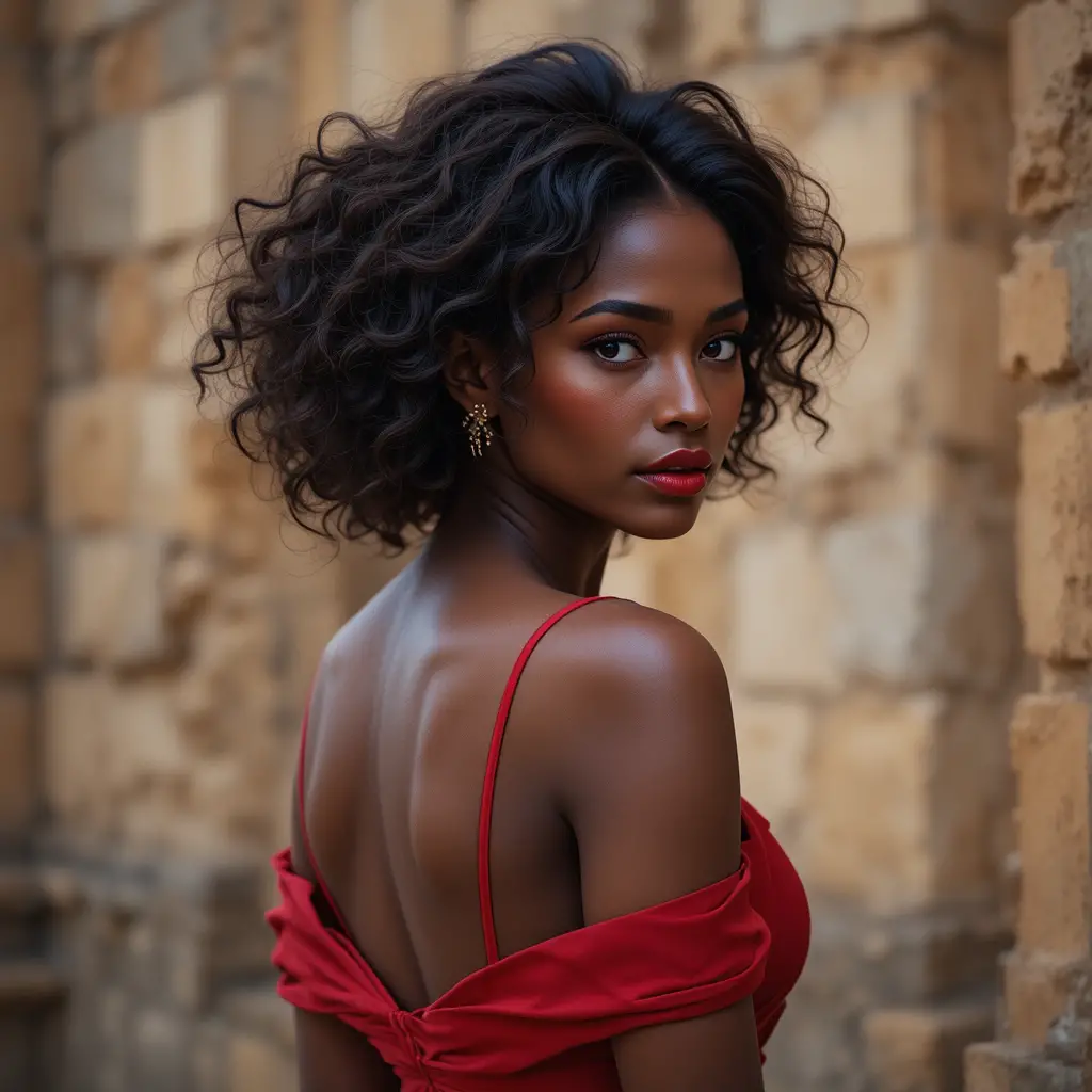 Mujer elegante con vestido rojo mirando por encima del hombro