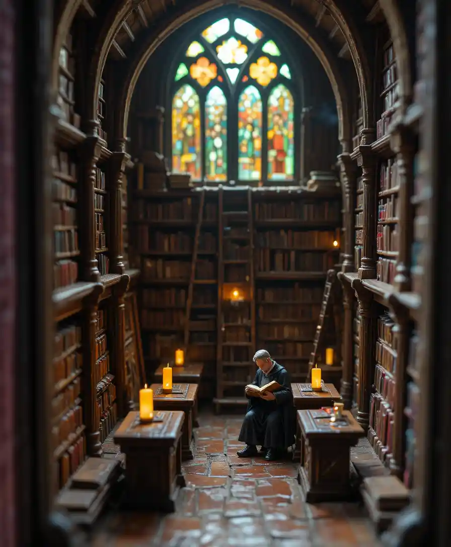 Miniature gothic library carved inside an antique book