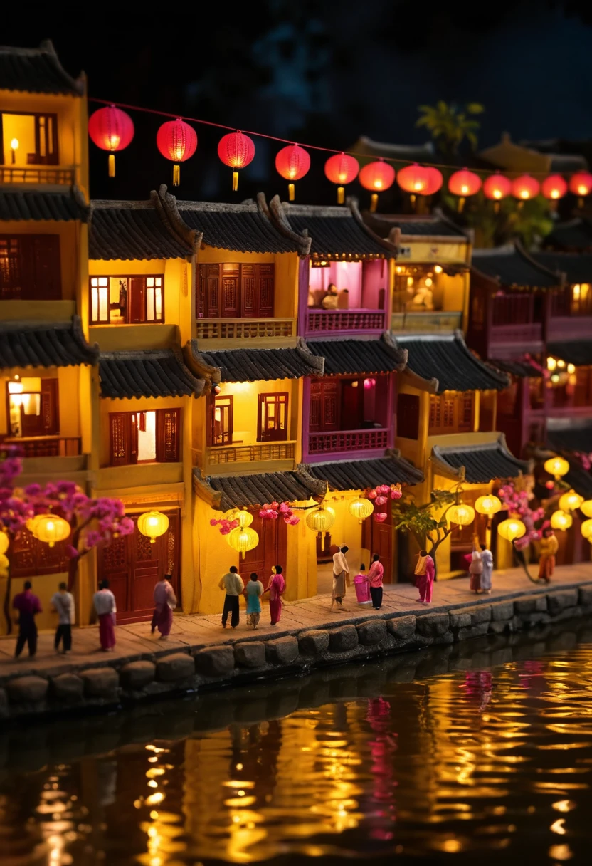 Miniature Hoi An lantern street in a glowing diorama box